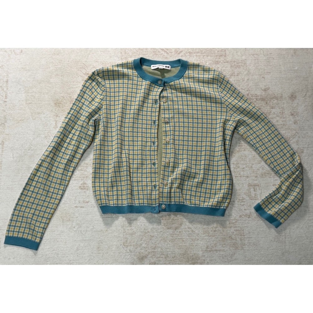 Uniqlo Ines De La Fressange Plaid Cardigan Sweater Teal Yellow XS